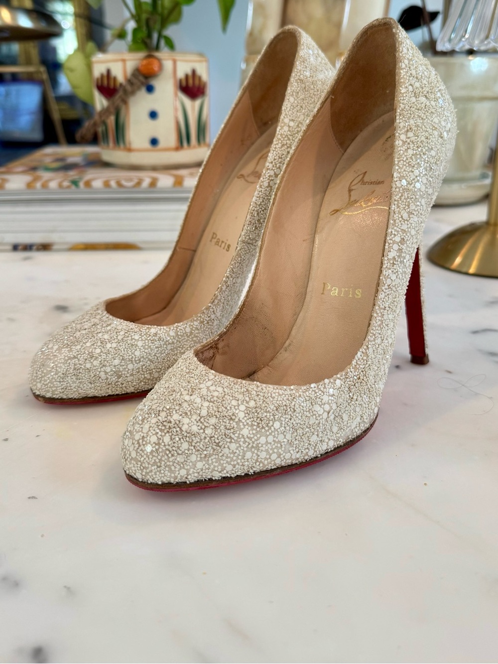 Christian Louboutin Ivory Glitter Platform Pump with Red Sole